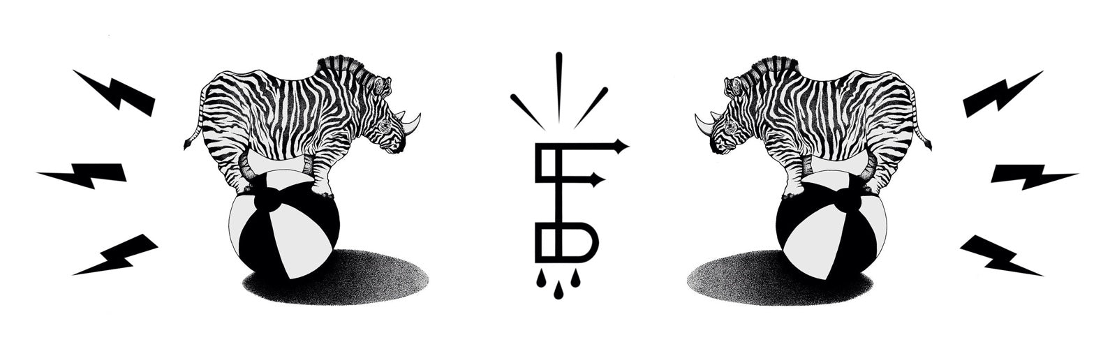 Surreal banner with two zebra-rhinoceros hybrids balancing on beach balls, flanked by lightning bolts and the FP monogram — Francesco Pulinas art