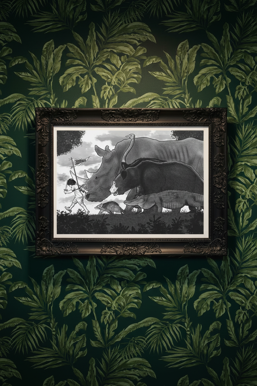 Stampa illustrazione Revolución! — un bambino guida un corteo di animali selvatici: rinoceronte, struzzo, procione, orso e coccodrillo. Arte surreale dotwork bianco e nero, Francesco Pulinas