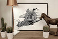 Stampa illustrazione Altrove, arte surreale onirica dotwork bianco e nero parete, Francesco Pulinas