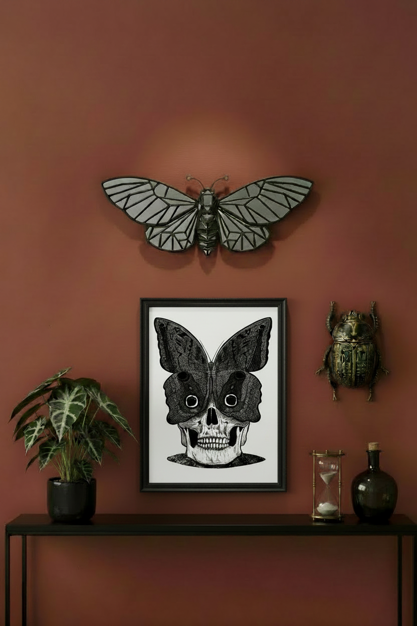 Stampa illustrazione Caligo Mortis, arte surreale dotwork teschio in bianco e nero, Francesco Pulinas