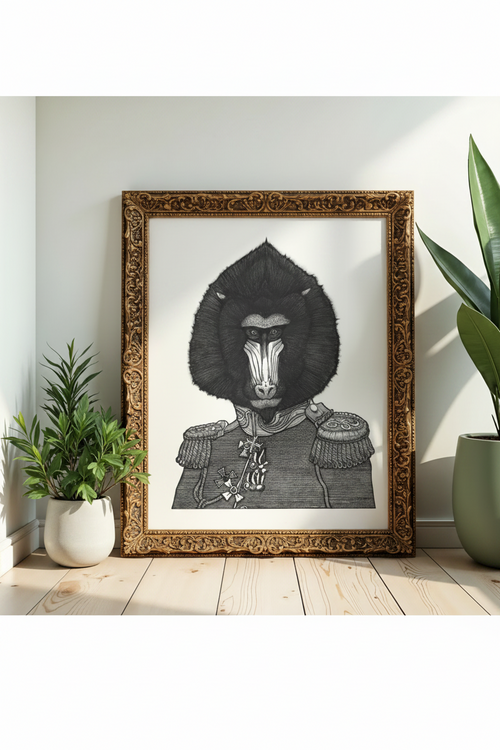 Stampa illustrazione Delirio Mandrillo Napoleone, arte surreale dotwork bianco e nero, Francesco Pulinas