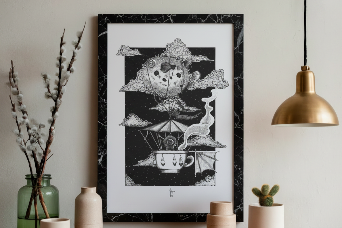 Stampa illustrazione Dormiveglia, arte surreale onirica dotwork bianco e nero, Francesco Pulinas