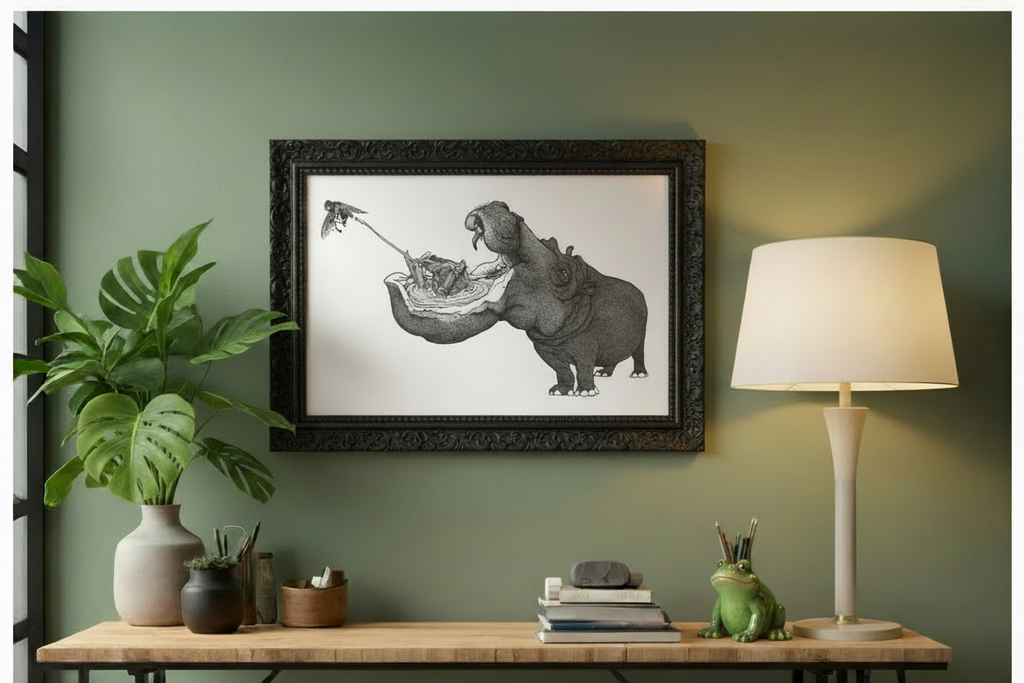Stampa illustrazione Ecosistema sospeso Ippopotamo, arte surreale animali dotwork bianco e nero, Francesco Pulinas
