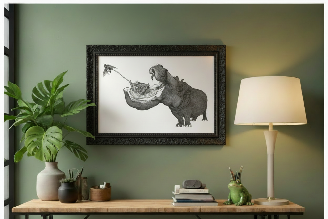 Stampa illustrazione Ecosistema sospeso Ippopotamo, arte surreale animali dotwork bianco e nero, Francesco Pulinas
