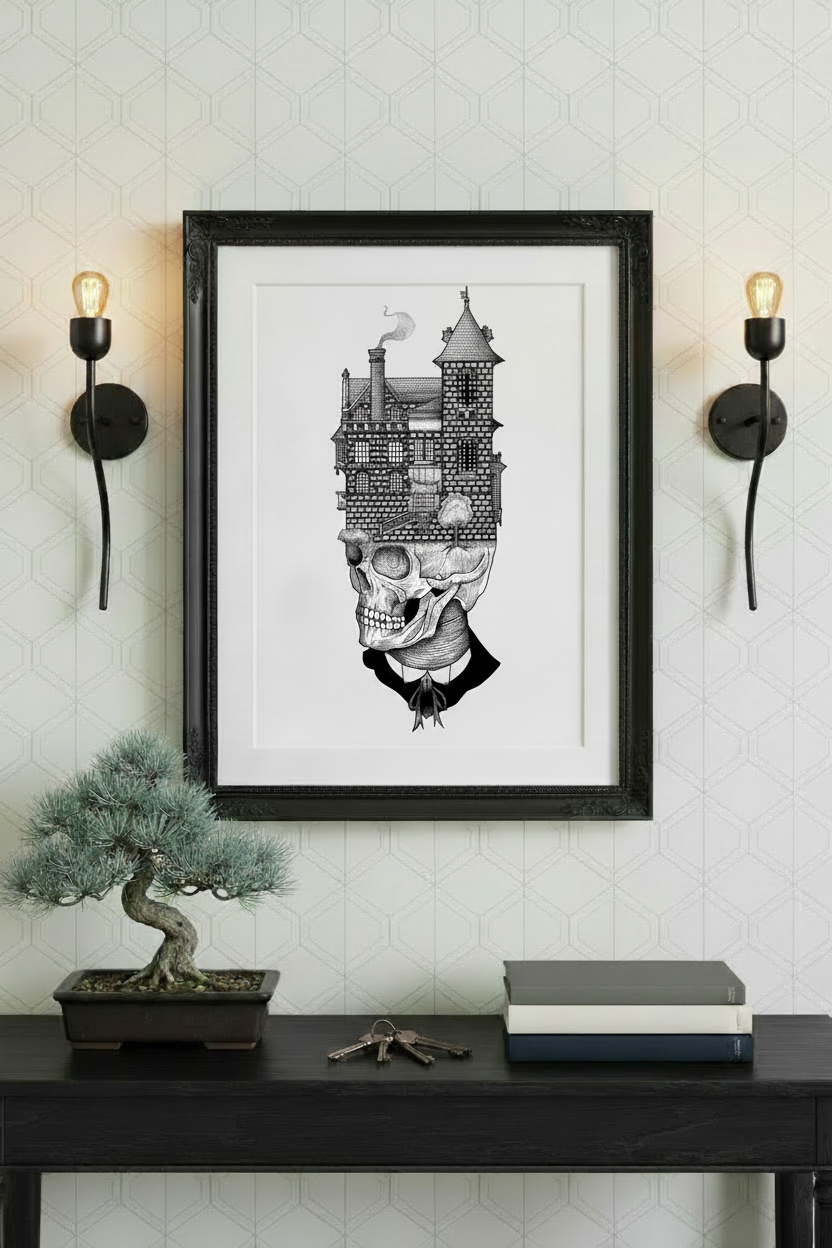 Stampa illustrazione L'Inquilino, arte surreale dotwork bianco e nero parete, Francesco Pulinas