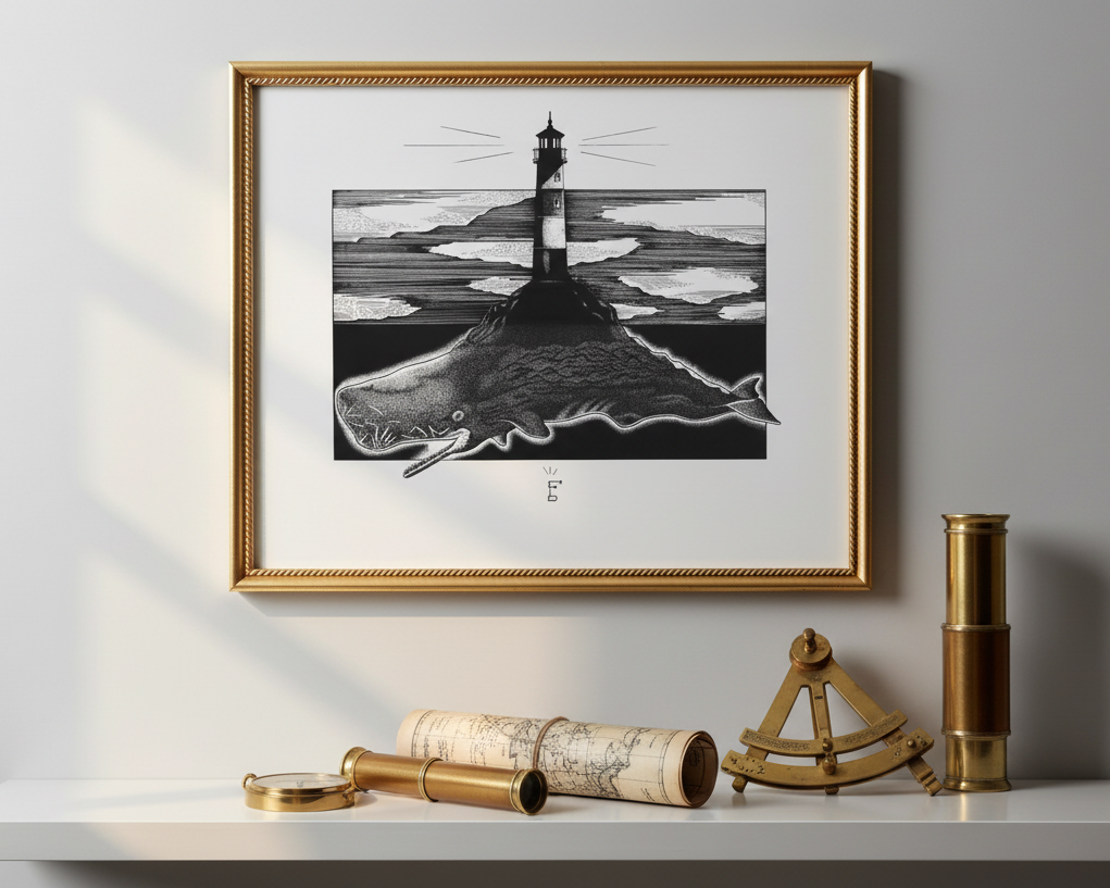 Stampa illustrazione Luce negli abissi, arte surreale marina dotwork bianco e nero, Francesco Pulinas