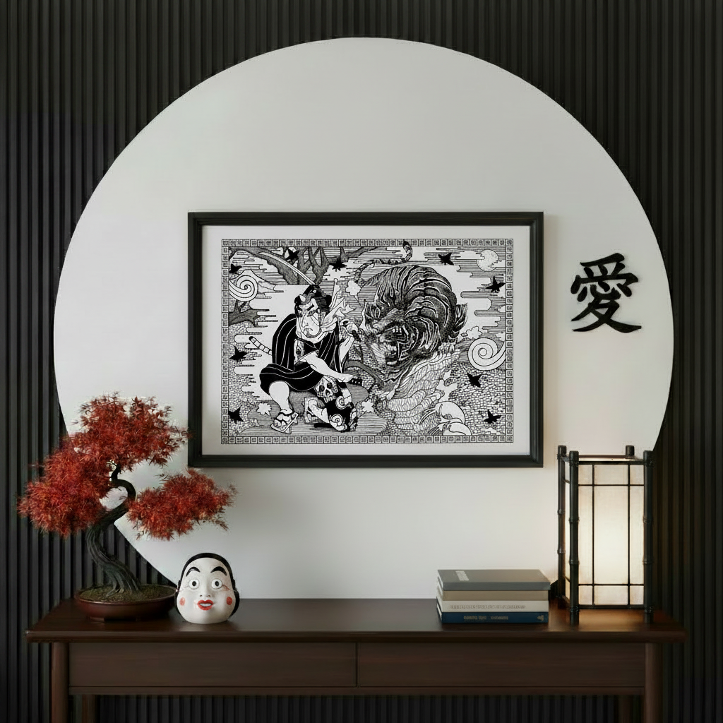 Stampa illustrazione Made in Japan, arte surreale giapponese dotwork bianco e nero, Francesco Pulinas