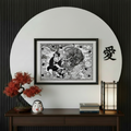 Stampa illustrazione Made in Japan, arte surreale giapponese dotwork bianco e nero, Francesco Pulinas