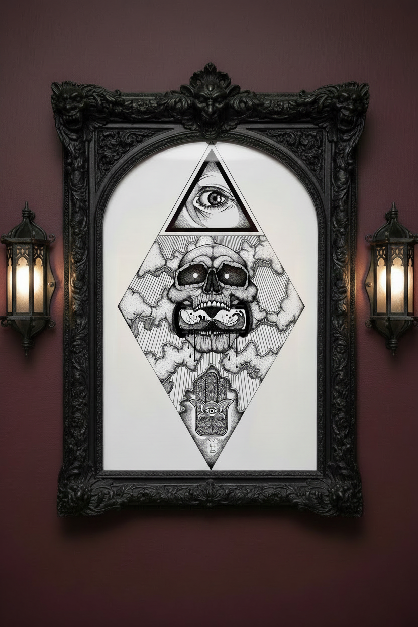 Stampa illustrazione Memento Mori, arte vanitas surreale dotwork bianco e nero, Francesco Pulinas