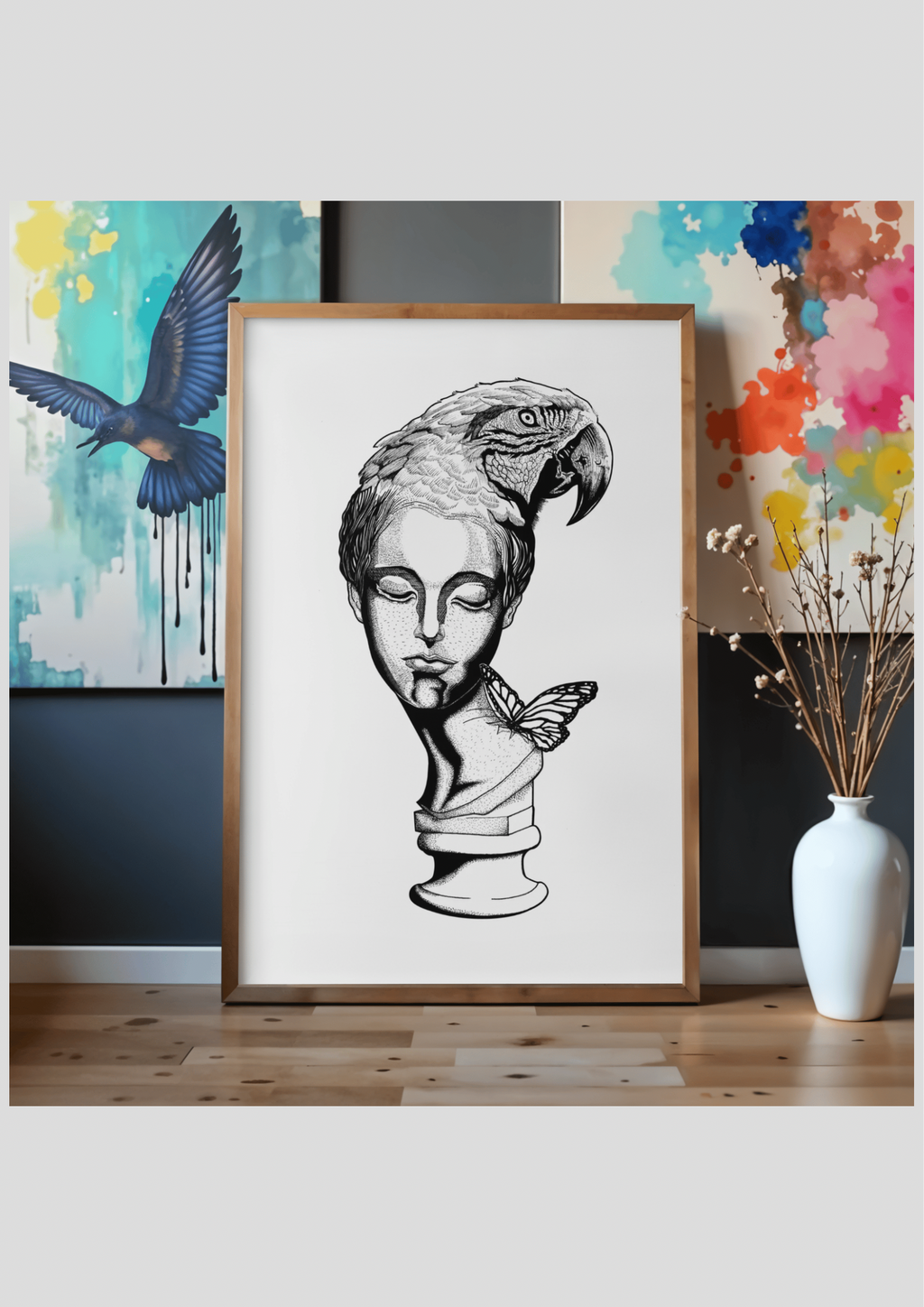 Stampa illustrazione Mito e Psiche, arte surreale mitologia greca dotwork bianco e nero, Francesco Pulinas