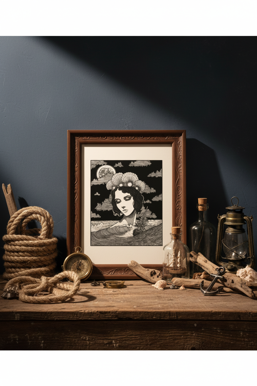 Stampa illustrazione Ocean Goddess, arte surreale dea marina dotwork bianco e nero, Francesco Pulinas
