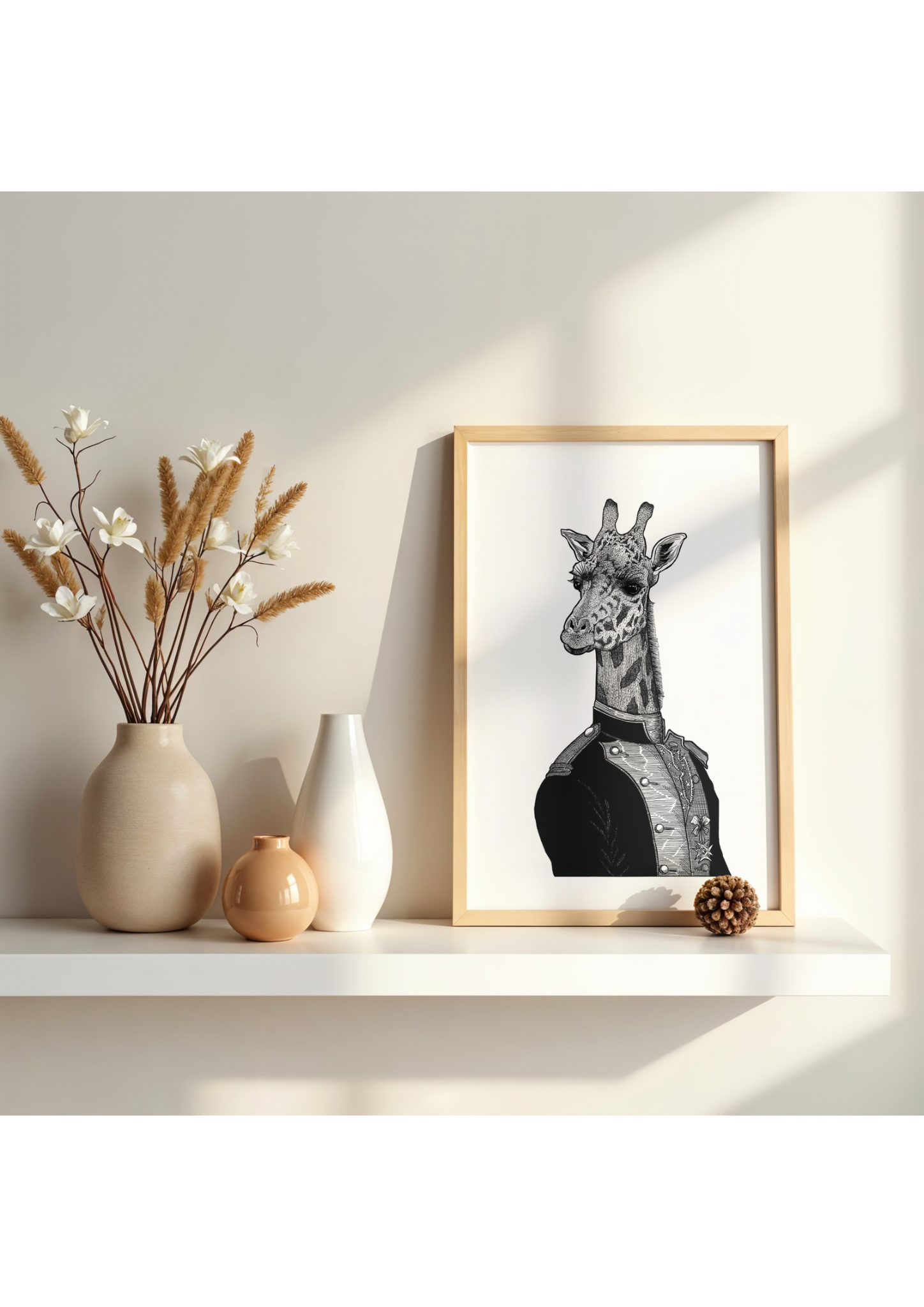 Stampa illustrazione Ritratto Giraffa, arte surreale animali dotwork bianco e nero, Francesco Pulinas