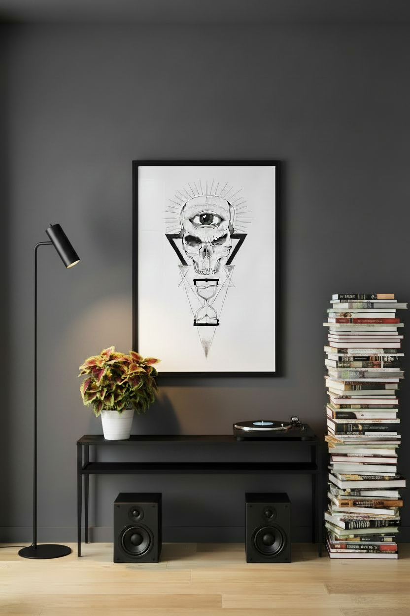 Stampa illustrazione Tempo e Polvere, arte surreale vanitas dotwork bianco e nero, Francesco Pulinas
