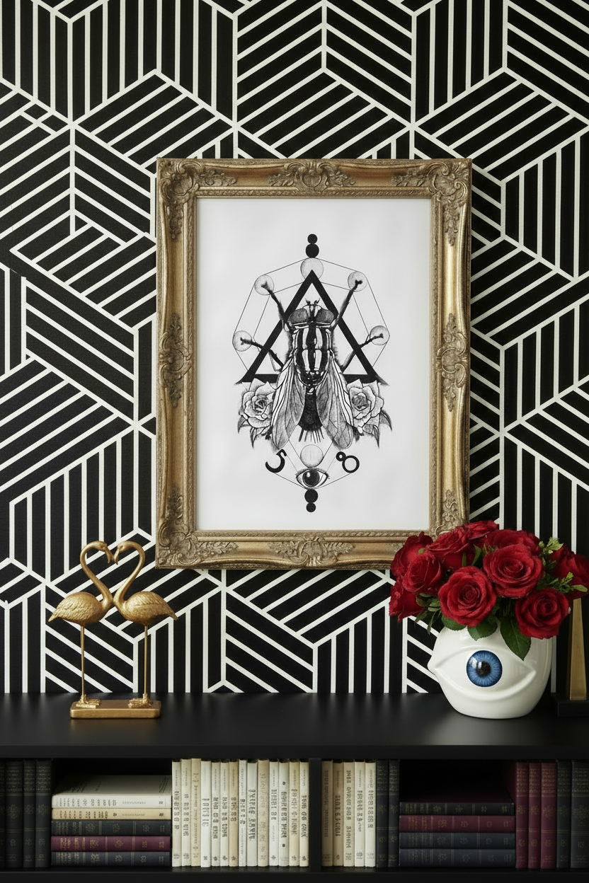 Stampa illustrazione The Fly Sacred Geometry, arte dotwork geometria sacra in bianco e nero, Francesco Pulinas