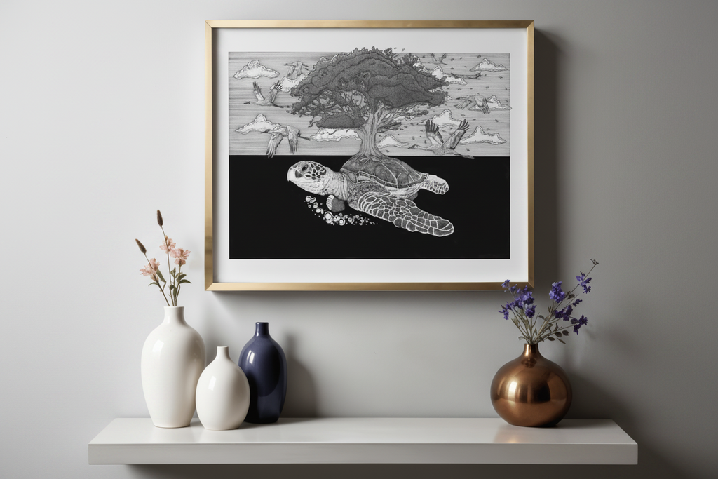 Stampa illustrazione Tra Cielo e Terra, arte surreale mitologica dotwork bianco e nero, Francesco Pulinas