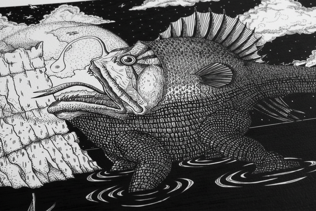 Dettaglio ravvicinato in prospettiva dell'illustrazione su carta fine art tramata