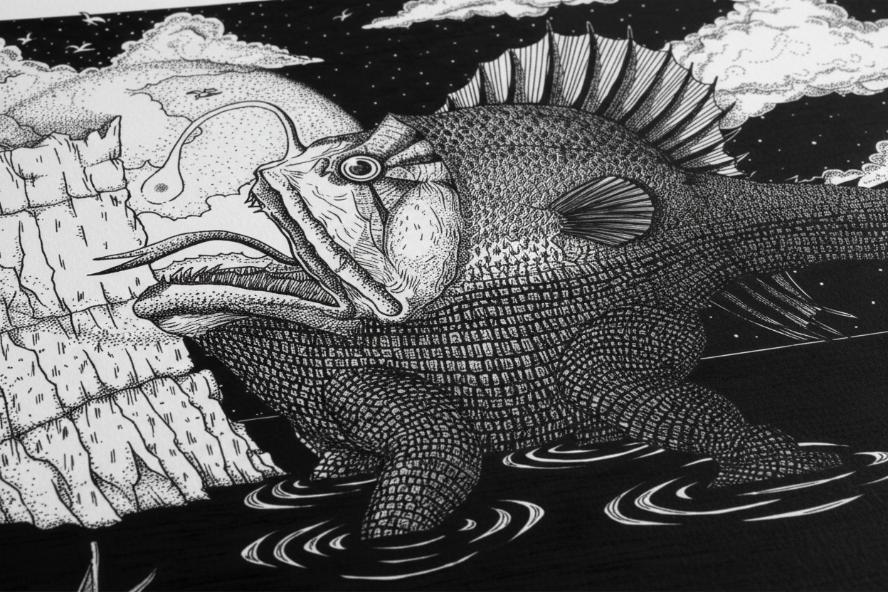 Dettaglio ravvicinato in prospettiva dell'illustrazione su carta fine art tramata