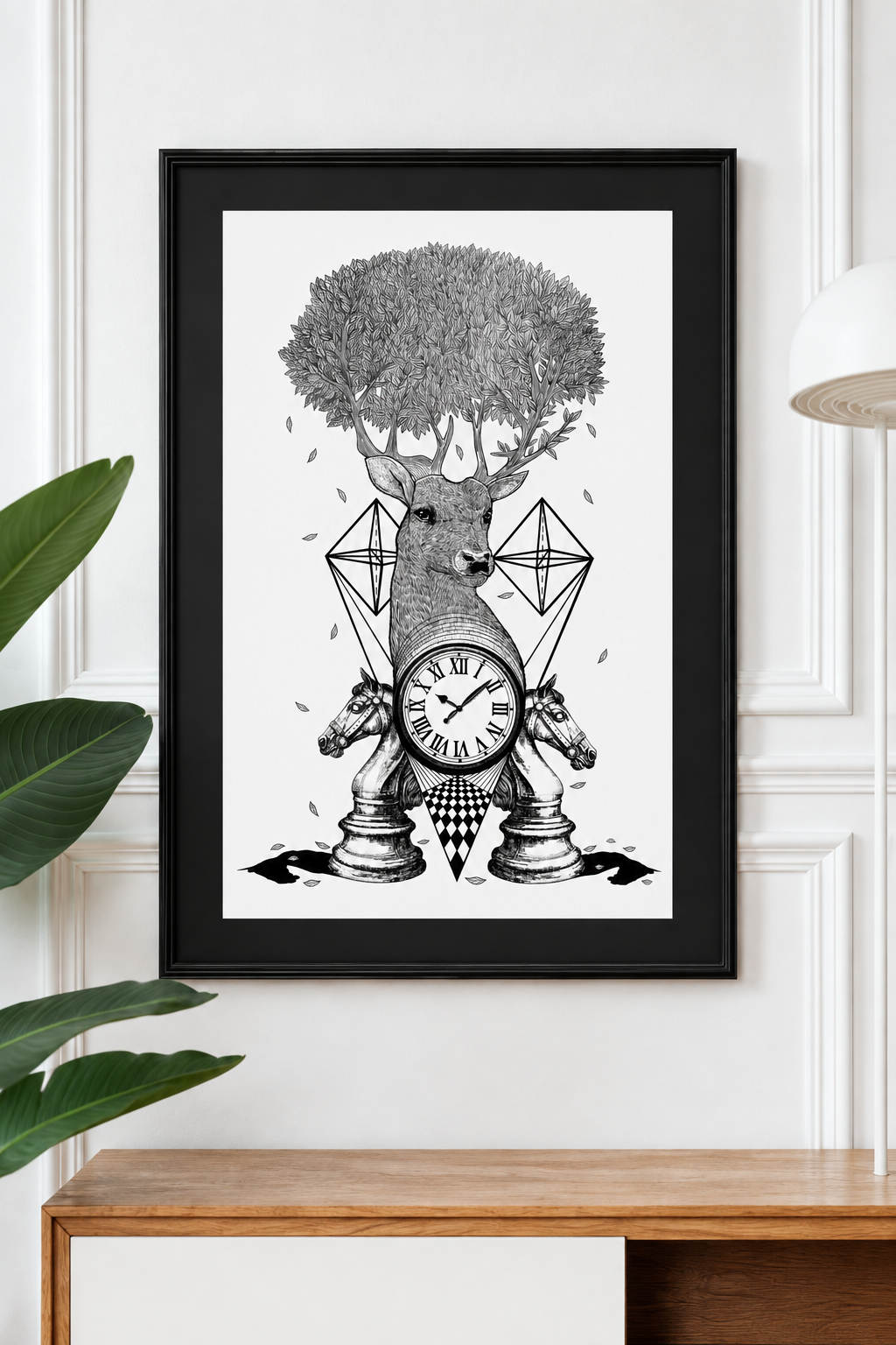 Mockup A3 ravvicinato con passepartout nero e cornice lavorata